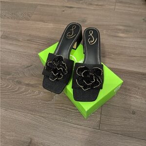 Sam Edelman Black Mules with Gold Floral Accent.  Winsley